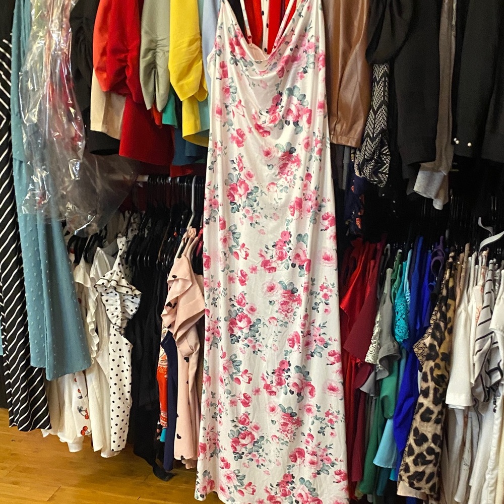 SHEIN White Maxi Dress with Pink Floral Print